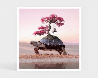 Art Print: Turtle Bonsai • Tortoise Pink Tree Wall Decor • Cute Gift