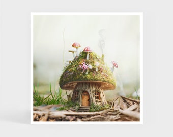 Art Print: Mushroom House • Cottage Mushrooms Home Wall Decor • Christmas Gift • 20 x 20 cm / 7.9 x 7.9 inches