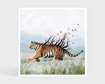 Art Print: Against the Wind • Tiger Tree Birds Wall Decor • Christmas Gift • 20 x 20 cm / 7.9 x 7.9 inches