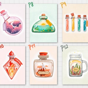 May include: Watercolor illustrations of potion bottles and a mason jar. The bottles contain various scenes: a night sky, a sunrise, colorful plants, and a mountain. Each bottle has a tag with words like "Serenity" and "Courage". The mason jar has a rainbow and the word "Joy".