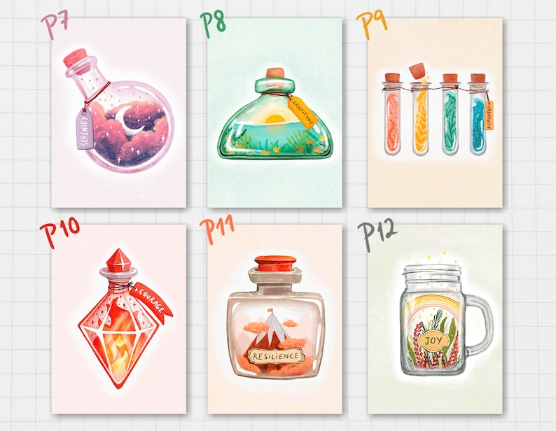 May include: Watercolor illustrations of potion bottles and a mason jar. The bottles contain various scenes: a night sky, a sunrise, colorful plants, and a mountain. Each bottle has a tag with words like "Serenity" and "Courage". The mason jar has a rainbow and the word "Joy".