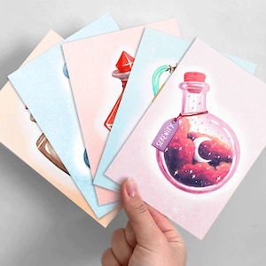 Jeu de cartes postales : potions de positivité • Lot de cartes A6 • Lots de cartes postales • Jeu de trois, cinq et dix cartes postales • Art mural décoratif • Cadeau mignon