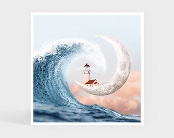 Art Print: Over the Moon • Wave Lighthouse Ocean Wall Decor • Christmas Gift • 20 x 20 cm / 7.9 x 7.9 inches