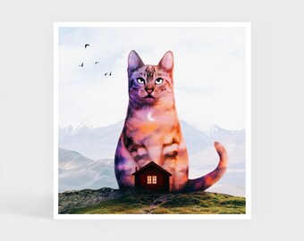 Art Print: Sunset Cat • House Moon Cats Ocean Wall Decor • Christmas Gift • 20 x 20 cm / 7.9 x 7.9 inches