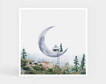 Kunstdruck: Mond Haus • Mond Haus Wald Wand Dekoration • Nettes Geschenk