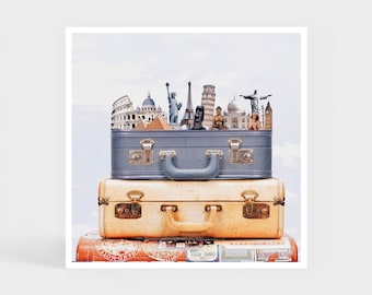 Art Print: Travel Luggage • World Monuments Suitcase Wall Decor • Cute Gift