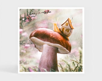 Art Print: Moving Away • Snail House Mushroom Wall Decor • Christmas Gift • 20 x 20 cm / 7.9 x 7.9 inches
