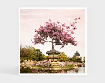 Art Print: Pink Kaleidoscope • Bonsai Tree Butterflies Wall Decor • Christmas Gift • 20 x 20 cm / 7.9 x 7.9 inches