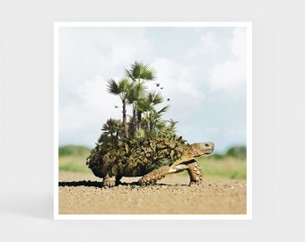 Art Print: Moving Oasis • Tortoise Palm Tree Turtle Wall Decor • Christmas Gift • 20 x 20 cm / 7.9 x 7.9 inches