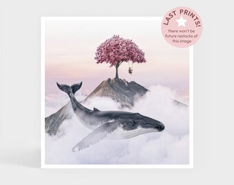 Art Print: Daydreaming • Whale Clouds Pink Wall Decor • Cute Gift