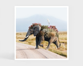 Art Print: Living in Harmony • Elefant Garten Blumen Wanddeko • Weihnachtsgeschenk • 20 x 20 cm /