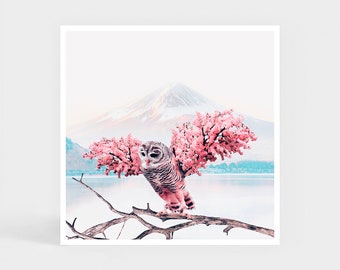Kunstdruck: Sakura Eule • Rosa Blumen Wanddeko • Süßes Geschenk