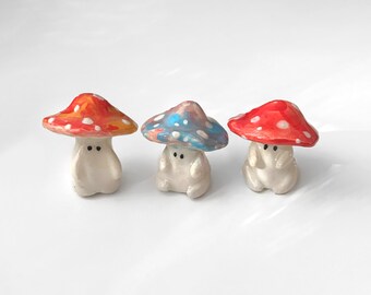 Handmade Ceramic Mushroom Figurines • Hand Painted Mini Ceramic Mushrooms • Rainbow Clay Statue Sculpture Critters • Cute Original Gift