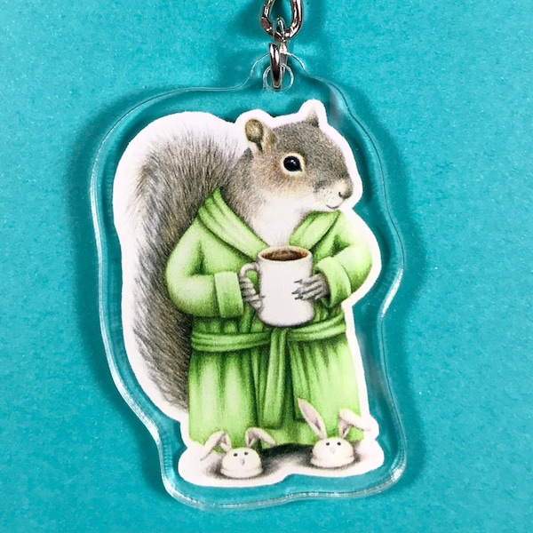 Squirrel in robe with coffee and bunny slippers keychain, limited edition