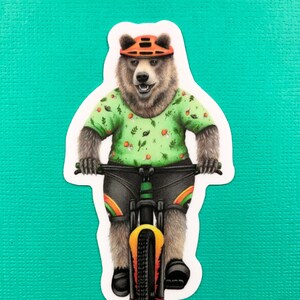 Mountain biking bear sticker, water bottle stickers, biking, waterproof, weatherproof, bear art.