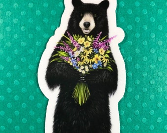 Black bear with a bouquet of wild flowers sticker, Alaska, Colorado, waterproof sticker, for water bottle, journal, gift for hikers
