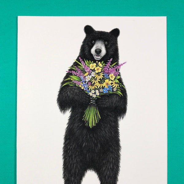 Flower bear greeting card, A2 size, thank you card, funny, wildlife lovers, gifts for hikers, birthday card, anniversary