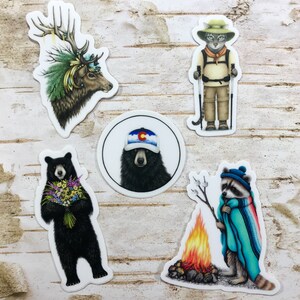 Autocollant Colorado 5 pack avec ours bouquet, raton laveur, chat de randonnée, wapiti et ours chapeau du Colorado, cadeaux pour les campeurs, cadeau pour randonneur, amoureux des animaux
