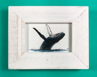 Itty bitty original humpback whale colored pencil drawing in a white beach style frame