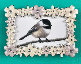 Chickadee itty bitty original colored pencil drawing in a flower frame
