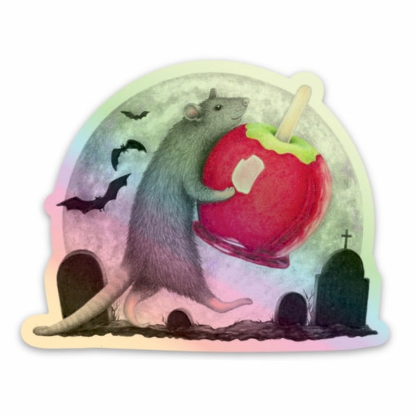 Halloween rat with candied apple holographic sticker, full moon, graveyard, bats