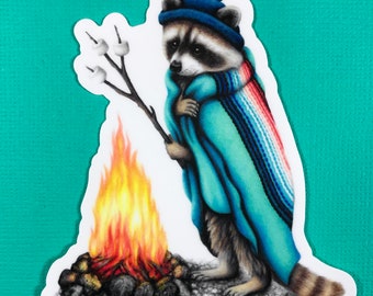 Raccoon roasting marshmallows sticker, gift for campers, water bottle, iPhone, laptop, camping
