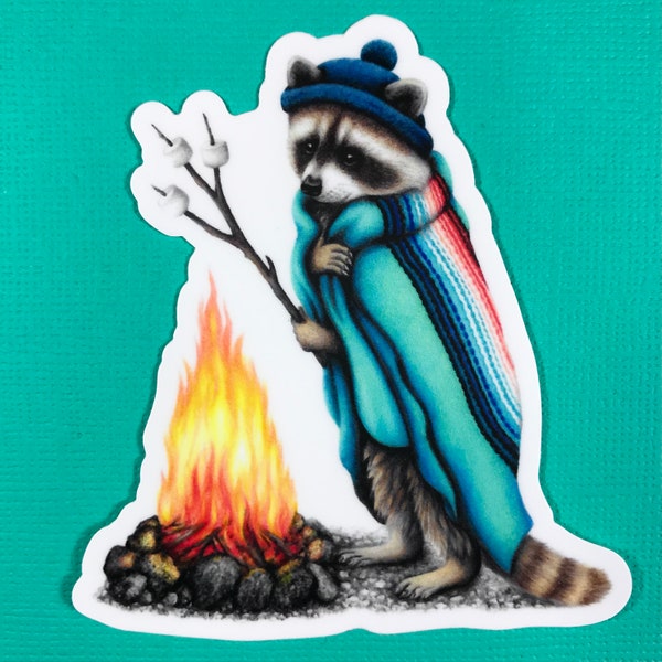Raccoon roasting marshmallows sticker, gift for campers, water bottle, iPhone, laptop, camping
