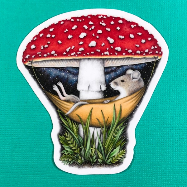 Mouse in a mushroom hammock night version sticker, hammocking, amanita muscaria, water bottle sticker