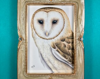 Original colored pencil barn owl drawing in a cream colored frame with gold trim, for guidance, housewarming gift, baby's room, birthday