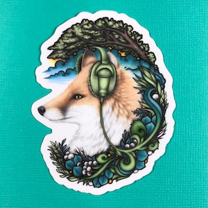 Fox et l'autocollant de musique, cadeau pour mélomane, amoureux des animaux, pour journal, étui pour iPhone, autocollant de voiture, Nalgene, autocollant de pare-chocs