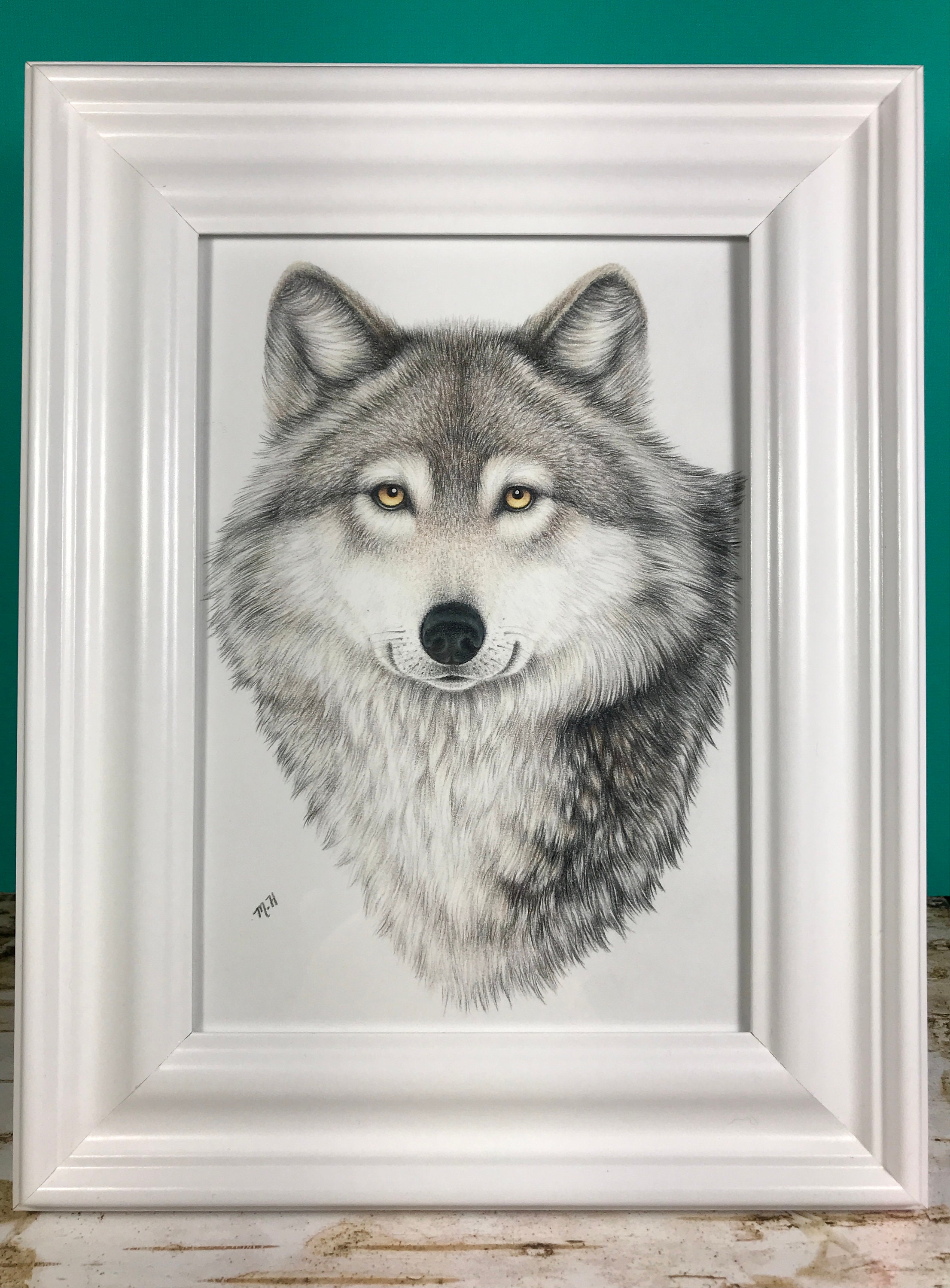 Gran dibujo original de lobo a lápiz de color en un marco - Etsy México