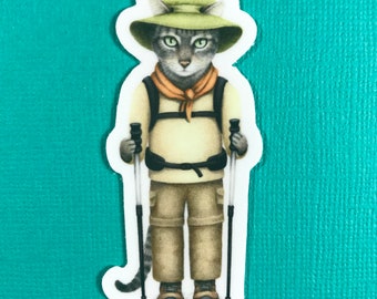 Hiking cat sticker, waterproof for water bottle, tumbler, Nalgene, camping gear, canteen, hiking lover, Colorado, Alaska, cat lady