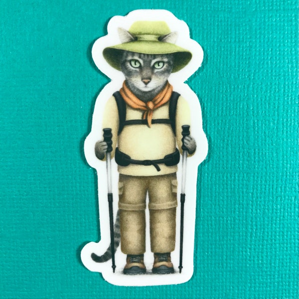 Hiking cat sticker, waterproof for water bottle, tumbler, Nalgene, camping gear, canteen, hiking lover, Colorado, Alaska, cat lady