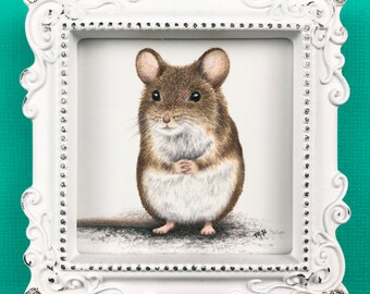 Itty bitty colored pencil mouse drawing in a white frame