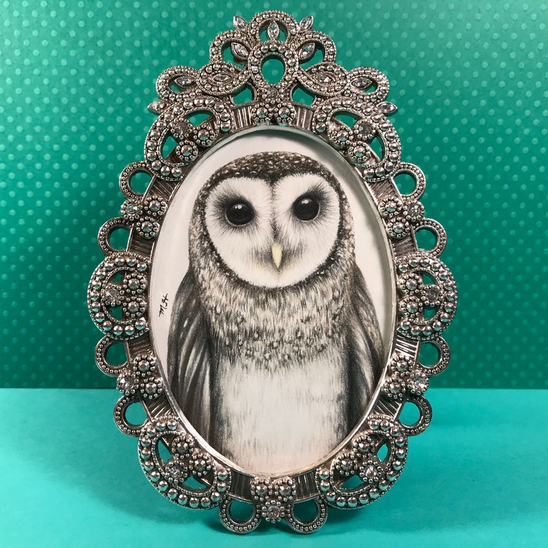 Owl drawing in a silver oval frame