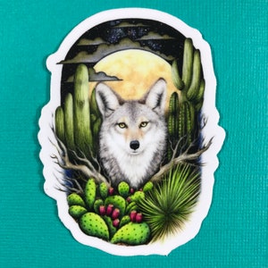 Pegatina de coyote con suculentas, cactus, luna llena, impermeable, para portátil, botella de agua, salvaje, Colorado, planificador, diario.