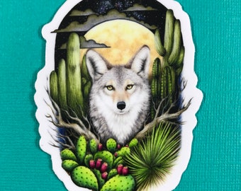 Coyote sticker with succulents, cactus, full moon, waterproof, laptop sticker, water bottle sticker, wild, Colorado, planner, journal