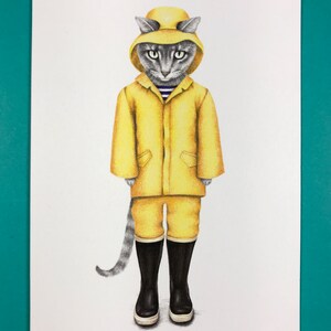 Biglietto d'auguri con gatto in impermeabile, formato A2, interno vuoto, disegnato a mano, rallegrati, biglietto d'auguri, divertente, arte del gatto, realizzato negli Stati Uniti