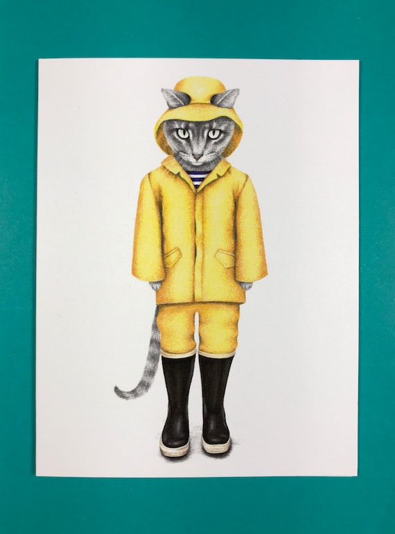 Cat in rain gear greeting card, A2 size card, blank inside, hand drawn, cheer up, greeting card, funny, cat art, made in US
