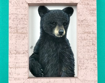 Original colored pencil bear cub drawing in a pink wood frame, farmhouse style, baby's room, nursery decor, one-of-a-kind, stocking stuffers