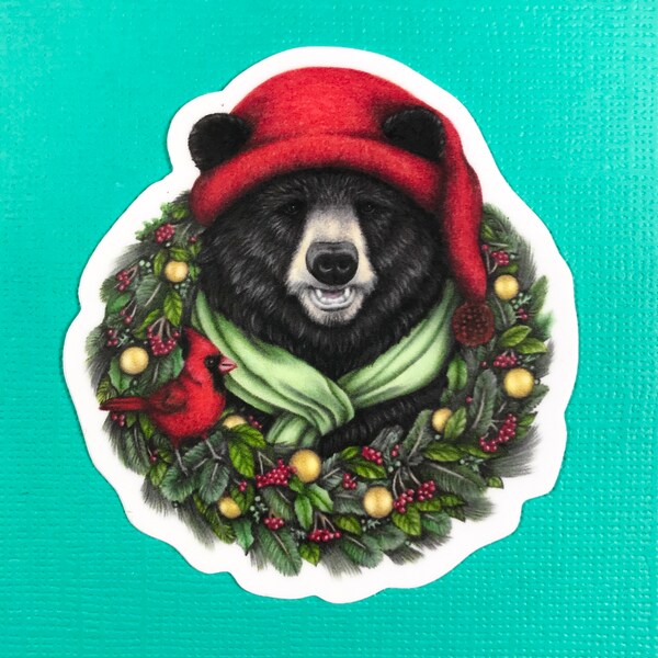 Wreath bear with cardinal holiday sticker, seasons greetings, holiday funny