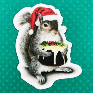 Écureuil de Santa avec l'autocollant de pudding figgy pour des vacances, stuffer de bas, cadeau, secret Santa, amusement