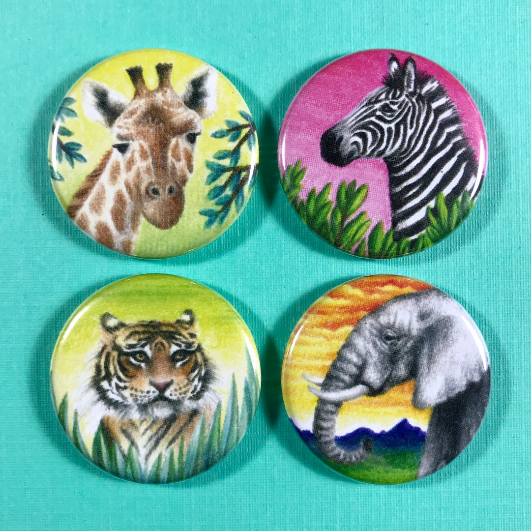 Wild Animal Button 4 Pack With Elephant, Tiger, Giraffe, and Zebra - Etsy