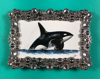 Itty bitty breeching orca original colored pencil drawing in a silver frame