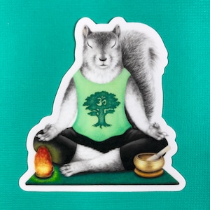 Adesivo scoiattolo Yoga/Meditazione, impermeabile per bottiglia d'acqua, regalo per gli amanti dello yoga, per laptop, iPhone, mensa, notebook, regalo per lei