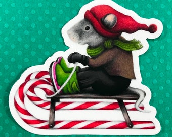 Sledding mouse sticker for stocking stuffer, water bottle, holiday gift