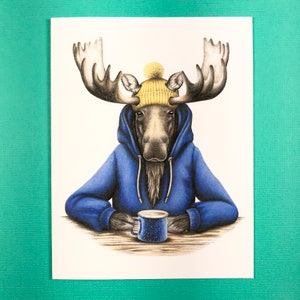 Moose in hoodie with coffee mug greeting card, A2 size, made in USA