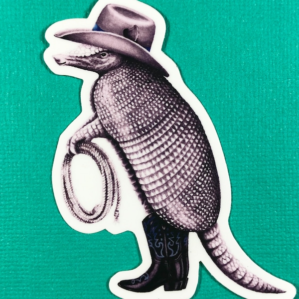 Armadillo cowboy sticker, gift for Texan, waterproof for water bottle, canteen, car sticker, gift for him