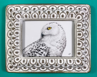 Snowy Owl drawing in a white and silver frame, unique, one-of-a-kind, gift for mom, grandma, bird lovers, bedroom decor, stocking stuffer