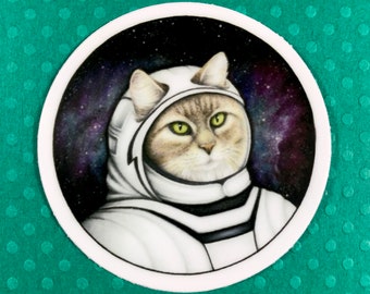 Space cat sticker, waterproof for water bottle, laptop, journals, planners, cat lover, cat lady, space lover, skateboard sticker